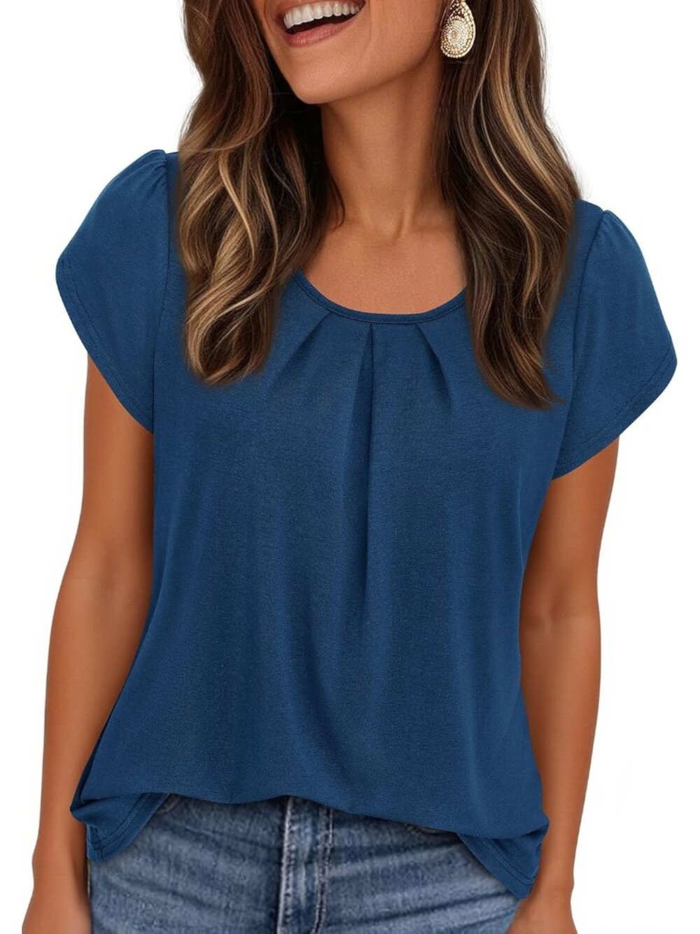 Women's Dark Blue Short Sleeve Pull On Crew Neck Casual Tops Imported T Shirts